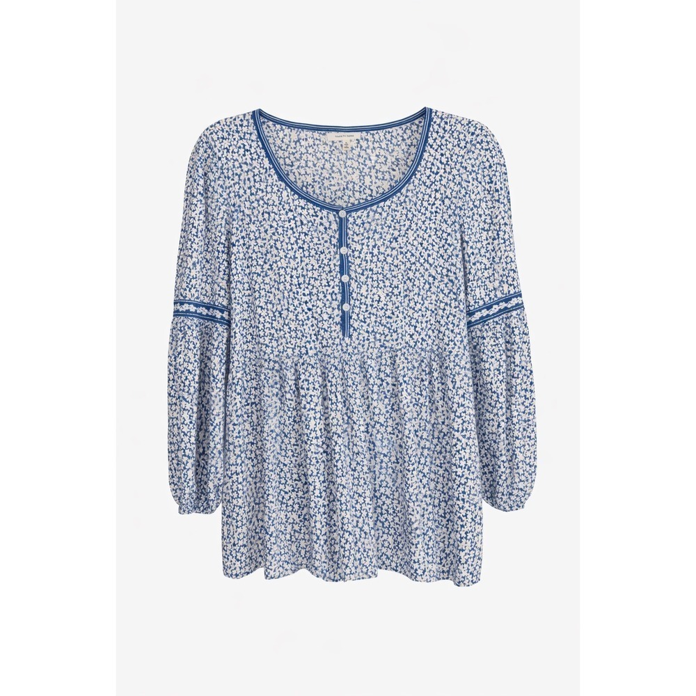 Max Studio Blue White Floral Peasant Blouse Small Boho Cottagecore Puff Sleeve